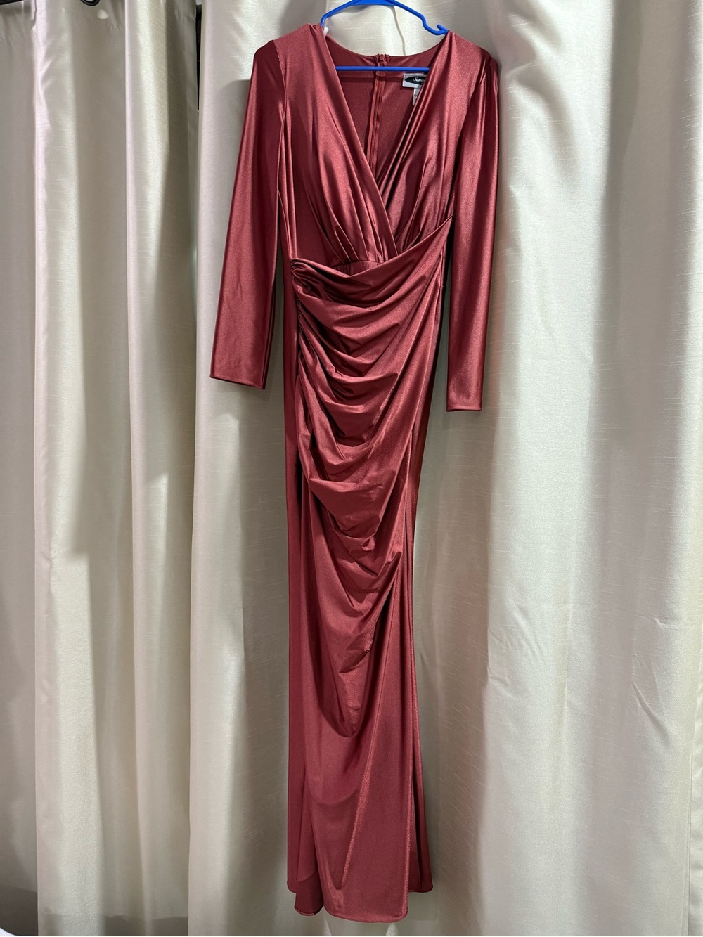 Elegant Long-Sleeve Draped Evening Dress in Deep Red